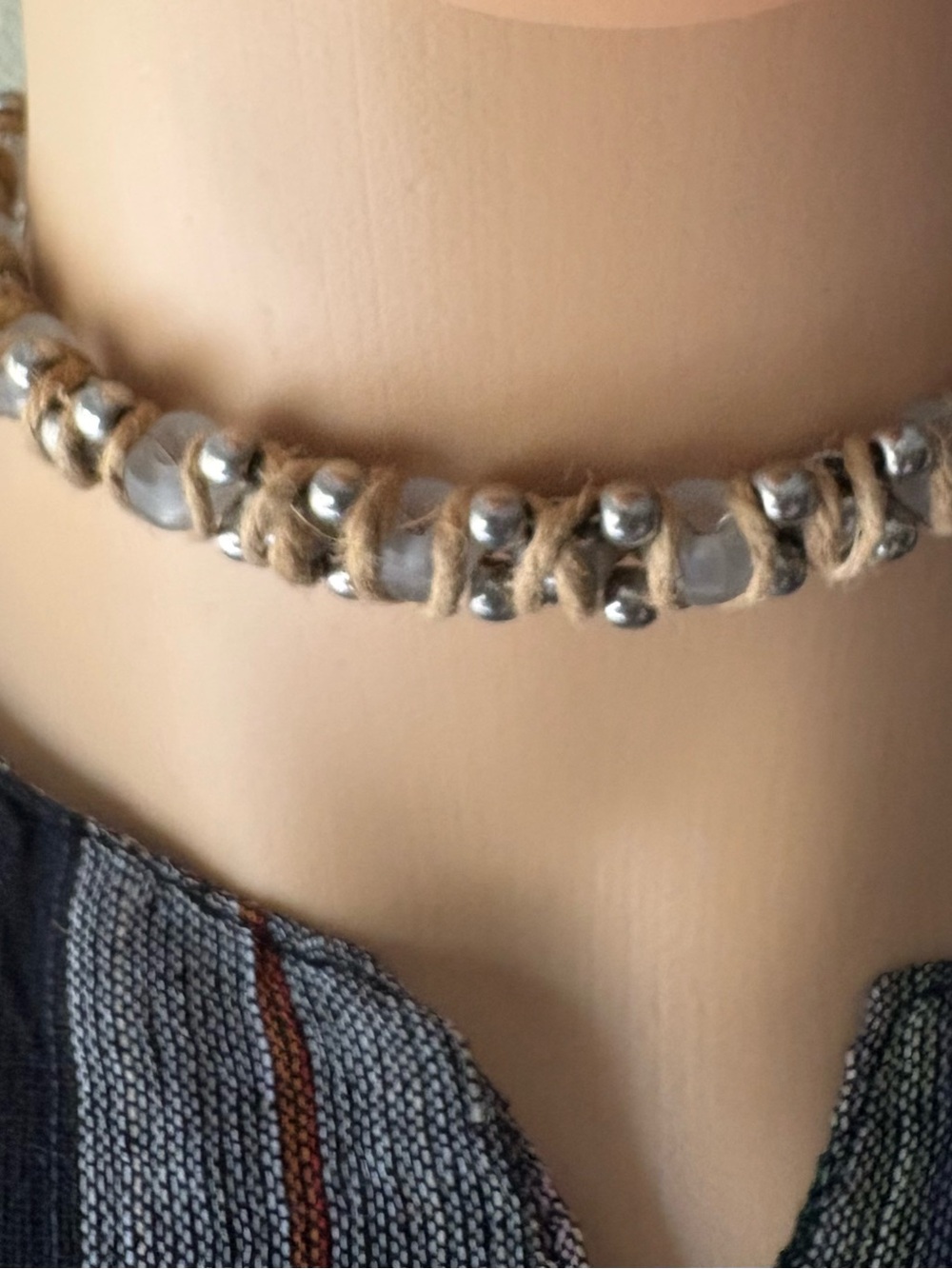 Handwoven Bead Choker Necklace - Silver and Tan..hemp